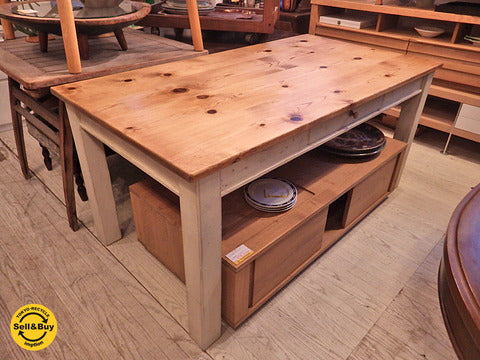 シャビーシック パイン無垢材 ペインテッドテーブル 抽斗付 英国アンティーク UKビンテージ ～ ナチュラルテイストにも合わせやすい明るい色合い 【買取と販売とレンタルのお店】