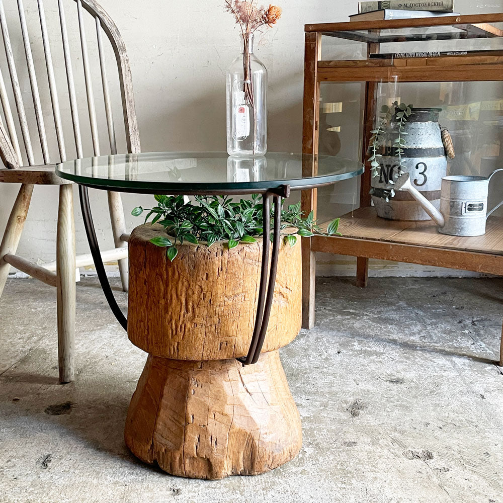 ビンテージ vintage ラウンド サイドテーブル ローテーブル 古材×ガラス×アイアン 天然木 菊池 由見子 プリミティブ～自然の造形をそのままに～