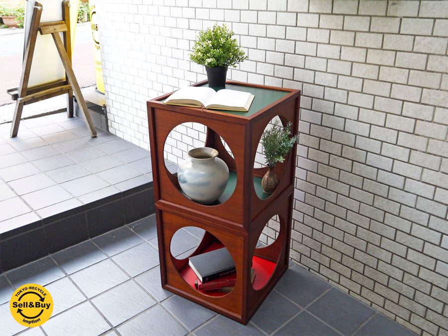 ジャパンビンテージ 和モダン チーク材 シェルフ サイドテーブル スタッキング キューブ型 赤 緑 2個セット ～レトロモダンなキューブ型シェルフ。～ 【 買取と販売とレンタルのお店 】