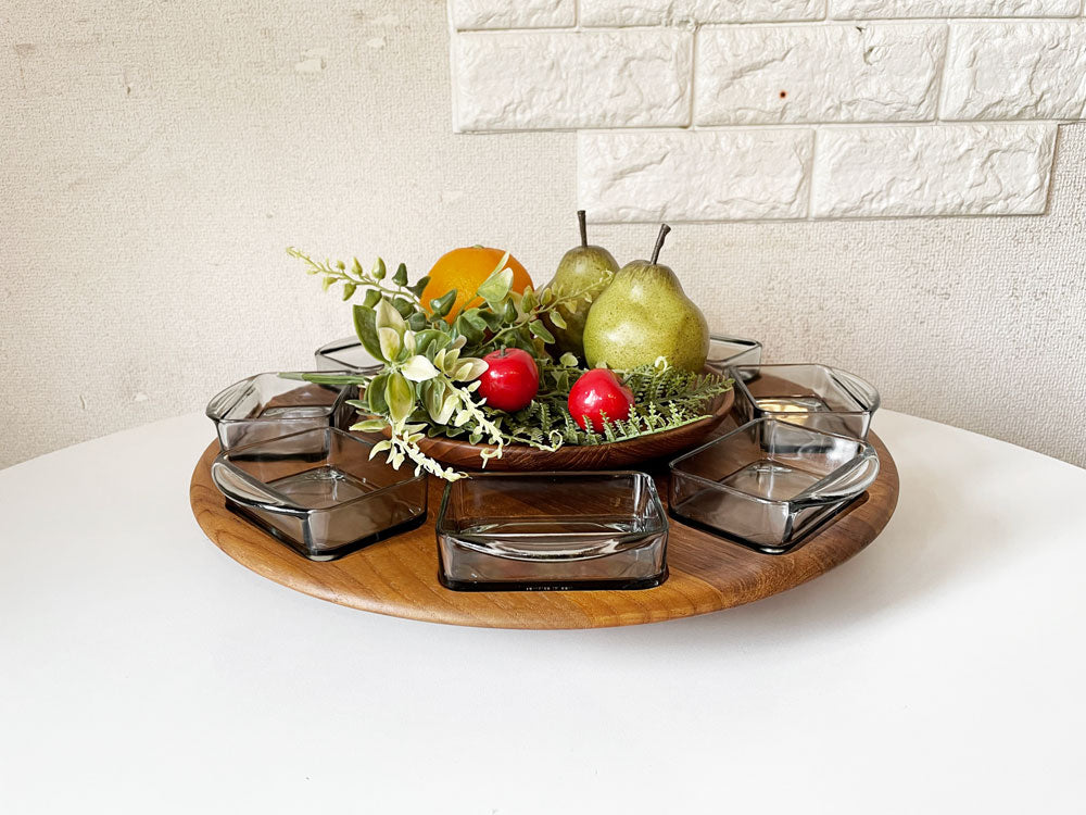ディグスメド DIGSMED レイジースーザン Lazy Susan チーク材 回転トレイ ガラスディッシュ8個付 Φ40cm デンマーク 北欧ビンテージ  中古品  買い取りしました。
