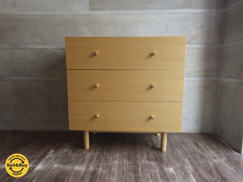 無印良品 ＭＵＪＩ / タモ材 チェスト ３段 丸脚 取っ手付き ～ 優しい印象のシルエット＆使い勝手の良いフルオープンレール♪【買取と販売とレンタルのお店】