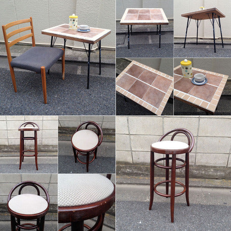 雰囲気の良いヴィンテージスタイルのタイルトップテーブル＆秋田木工の曲げ木ハイスツール、カウンターチェアの2点★