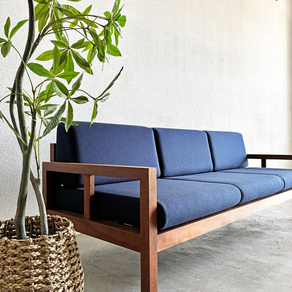 ジャクソンファニチャー Jackson Furniture チーク材 3シーターソファ 3人掛け W207cm ファブリック ネイビー系 座面ウレタン交換＆カバー張替済 USビンテージ ～ 一目惚れでもいいんです ～