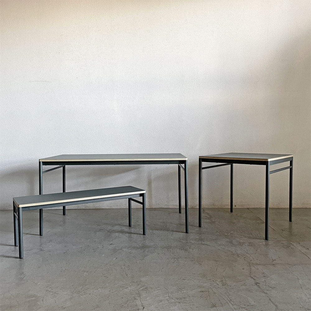 【登戸BASE店】マスターウォール MASTERWAL レ・フォルメ Les Formes ブルエ BLEUET ダイニングテーブル W140cm / W120cm & ベンチ リノリウムトップ 佐々木章行 廃番 未使用保管品 買取させていただきました。