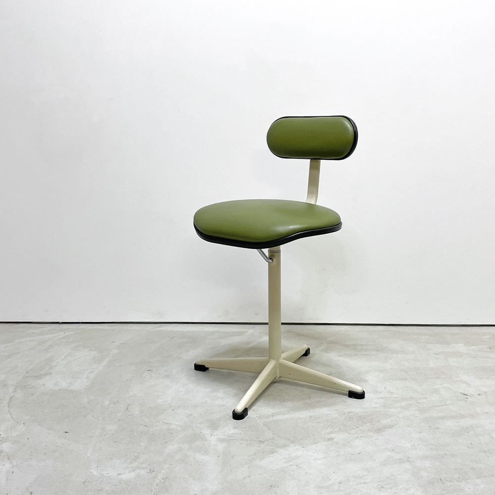 【祖師ヶ谷大蔵店】オカムラ okamura 作業用いす 2159ZZ ドクターチェア カウンターチェア 回転椅子 昇降機能 グリーン レザー レトロ 1980 GOOD DESIGN 買取させていただきました。