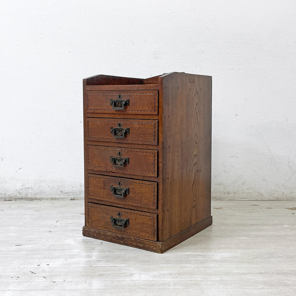 【祖師ヶ谷大蔵店】ジャパンビンテージ Japan Vintage 木製チェスト スリムキャビネット 小引き出し 抽斗5杯 木味 寄木細工 古家具 レトロ 買取させていただきました。