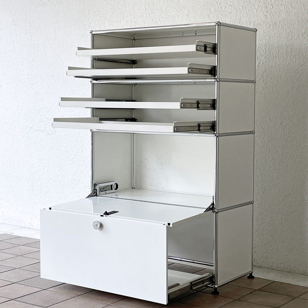 【用賀店】USMハラー USM Haller モジュラーファニチャー キャビネット シェルフ 1列4段 W77cm エクステンションシェルフ×4+ドロップダウン+ドロワー 定価431,595円 買取させていただきました。