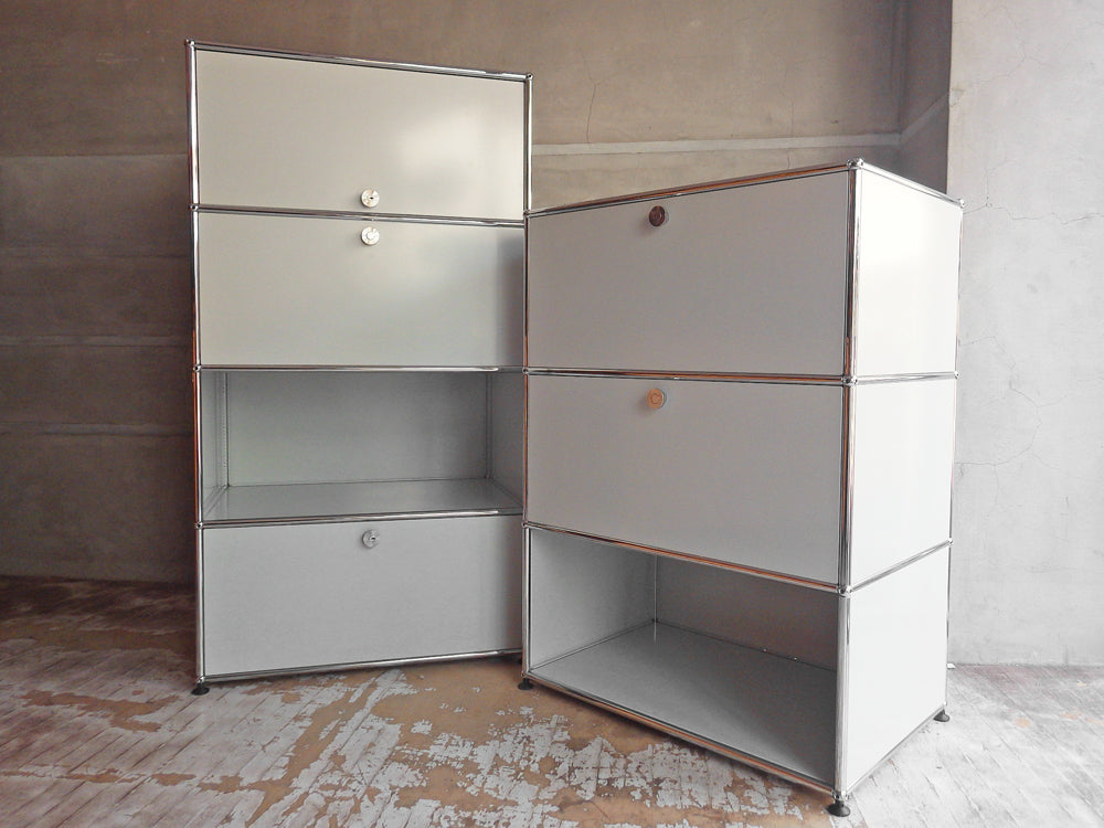 ユーエスエムハラー USM Haller モジュラーファニチャー ハラーシステム シェルフ キャビネット 1列3段 & 1列4段 フラップ扉 ドロップダウンドア ドロワー ライトグレー 中古品 買い取りしました。