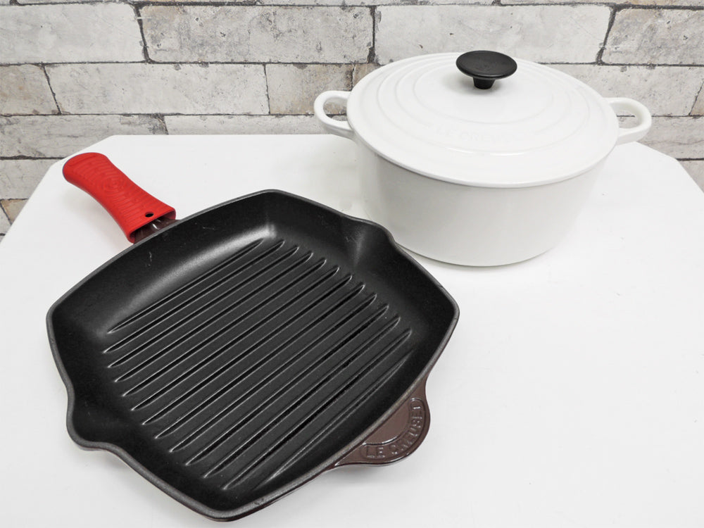 ル クルーゼ LE CREUSET スクエア スキレット ホーロー グリルパン 取っ手付き ブラウン &ココットロンド キャセロール 両手鍋 Φ24cm ホワイト  中古品 買い取りしました。