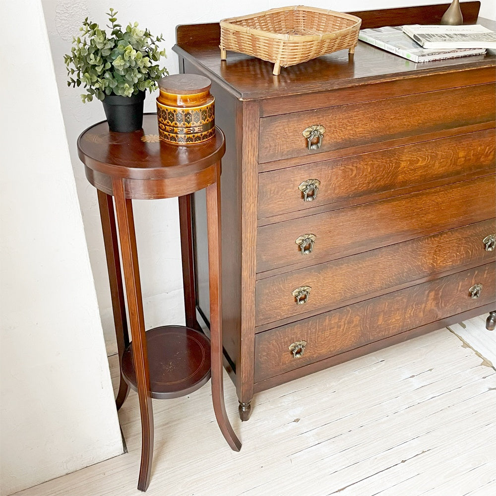 【下北沢店】UKアンティーク 木製フラワースタンド プランタースタンド 花台 マホガニー材 エドワーディアン様式 象嵌 クラシカル 英国家具 買取させていただきました。