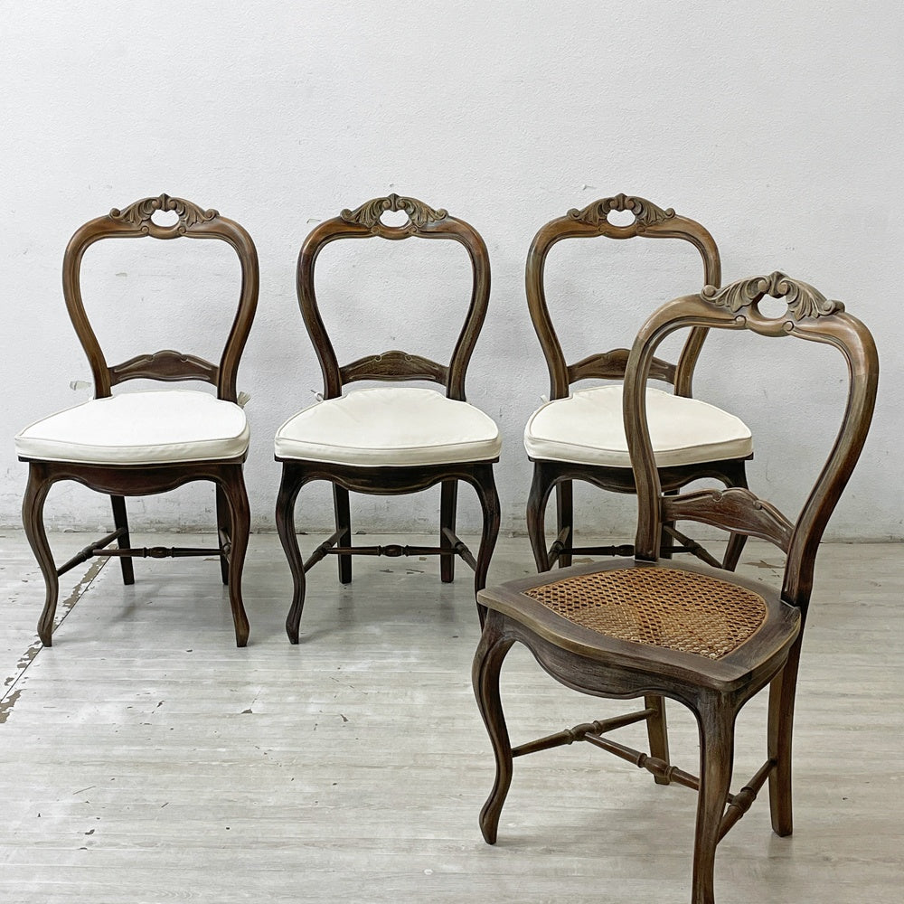 【祖師ヶ谷大蔵店】オールドメゾン Old Maison ヨーロピアン調 バルーンバックチェア ラタンシート＋クッション ダイニングチェア クラシカルデザイン メーカープレート付き RECLAMA取り扱い 4脚 買取させていただきました。