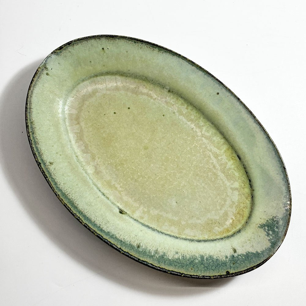 【下北沢店】清岡幸道 青灰オリーブ オーバルリム皿 陶器 20cm 現代作家 民芸 うつわ 買取させていただきました。