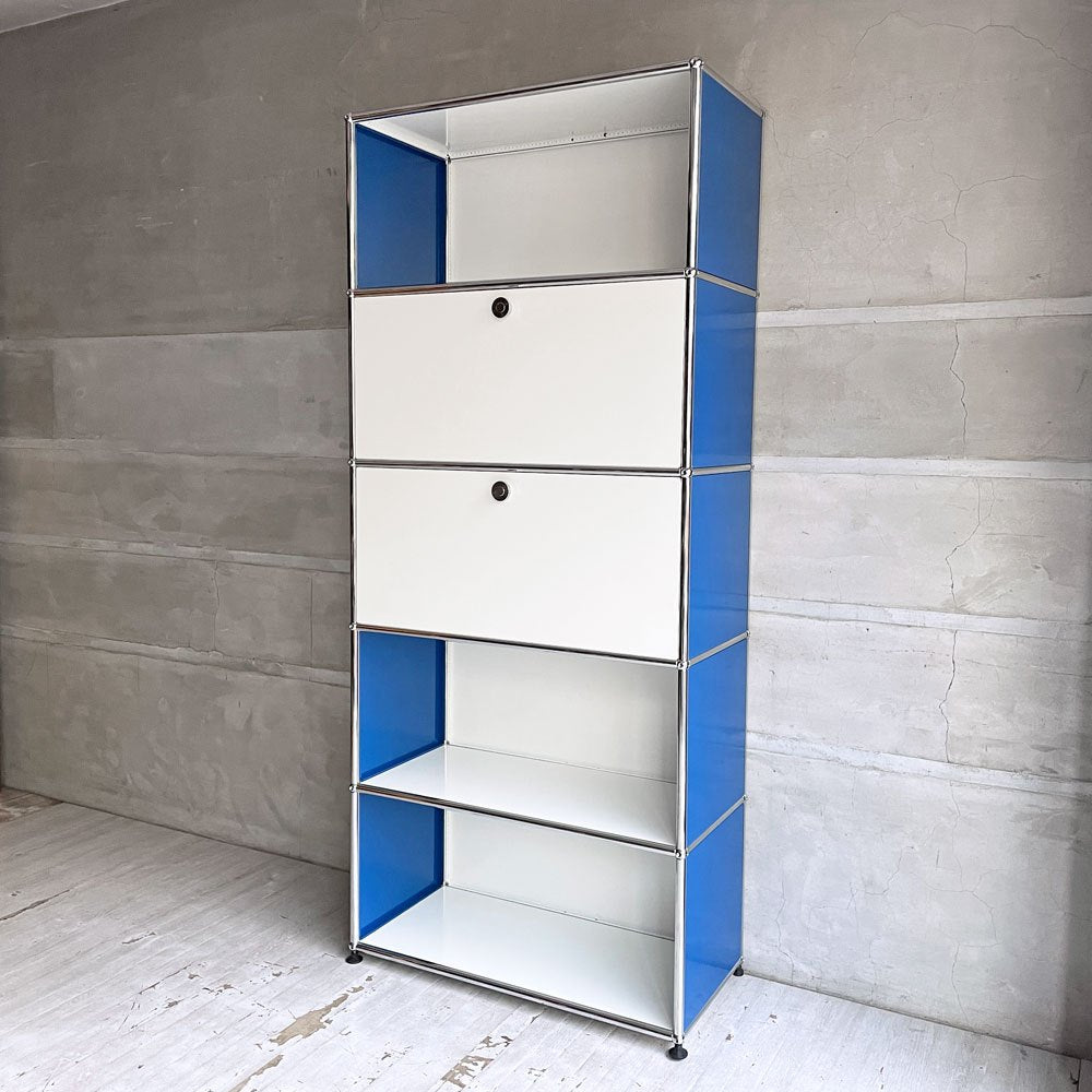 【学芸大学店】ユーエスエムハラー USM Haller モジュラーファニチャー キャビネット シェルフ 1列5段 ピュアホワイト×ジェンシャンブルー ドロップダウンドア×2 アジャスター付 スイス 買取させていただきました。