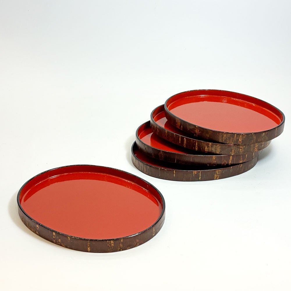 【下北沢店】山桜 漆器 菓子プレート 菓子器 5枚セット 桜皮細工 買取させていただきました。