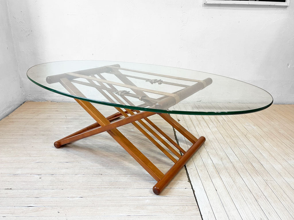 ハスレヴ HASLEV ライズ＆フォール Rise & Fall センターテーブル フォールディングテーブル オーバル ガラス チェリー無垢材 レザーベルト ヌメ革 昇降式 アクタス取扱 中古品 買い取りしました。