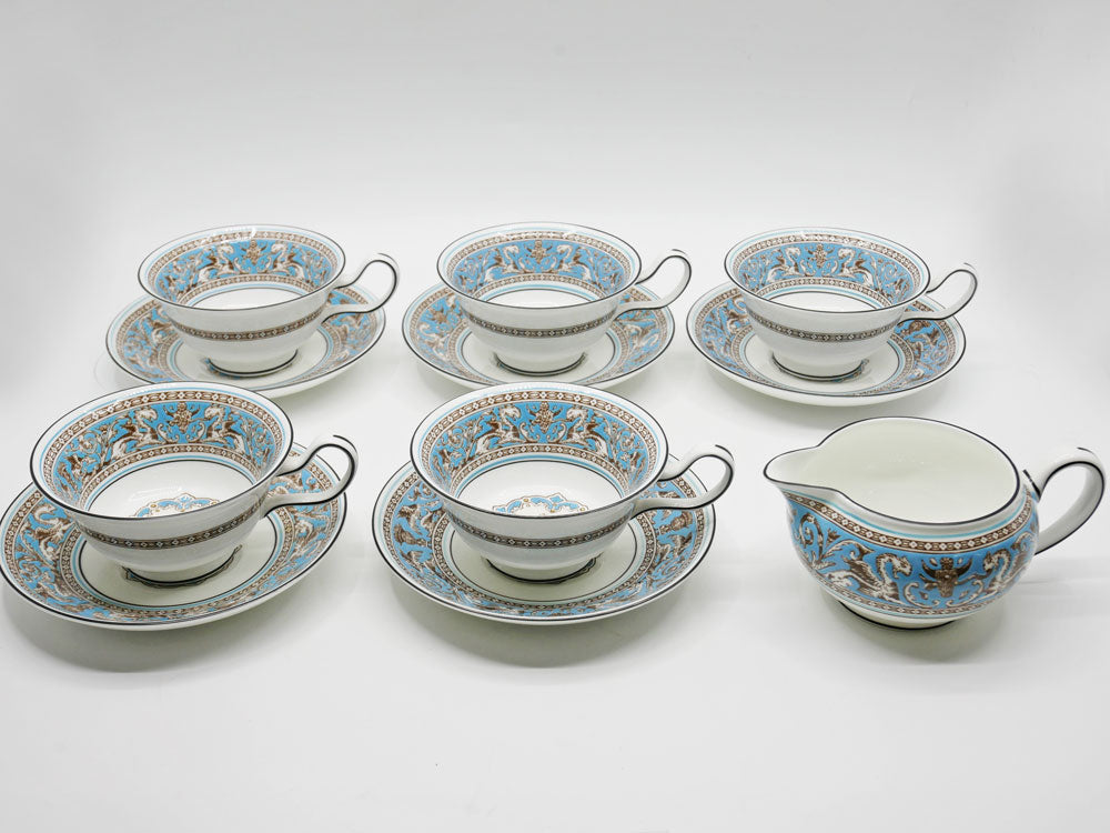 ウェッジウッド WEDGWOOD フロレンティーン ターコイズ ティーカップ&ソーサー 5客 クリーマー 6点セット 英国 合計定価￥121,000- 中古品 買い取りしました。