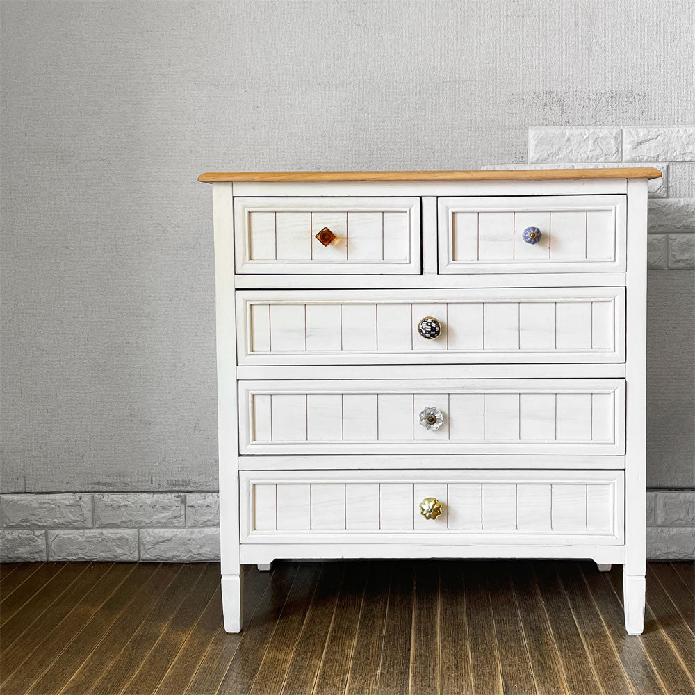 【経堂店】ビーカンパニー B-COMPANY リルドゥリル Rel du rire 5ドロワーチェスト 4段 W80cm 把手リメイク品 フレンチカントリー シャビーシック 廃番 買取させていただきました。