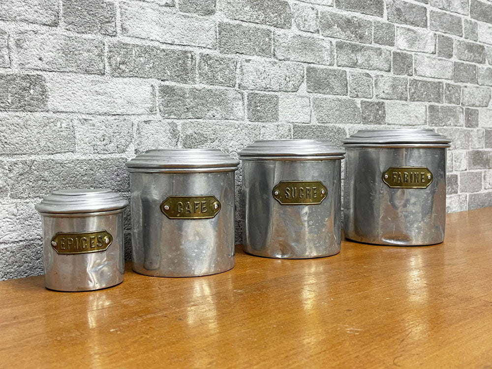 フランスアンティーク French Antique アルミ キャニスター 4個セット FARINE SUCRE CAFE EPICES 真鍮プレート付き 調味料入れ ブロカント 中古品 買い取りしました。