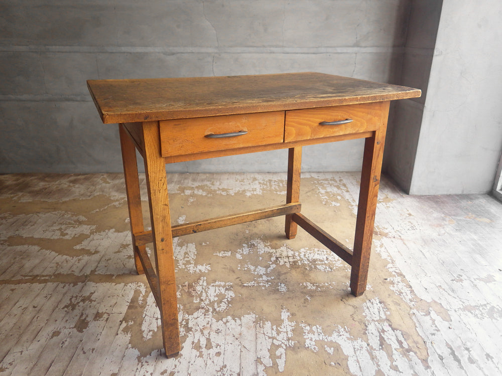 ジャパンビンテージ Japan Vintage 木味 楢材 デスク 作業台 抽斗2杯 W89cm 古家具 中古品 買い取りしました。