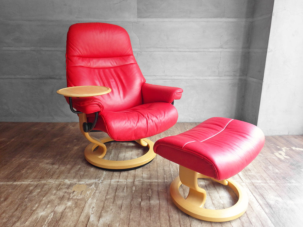 エコーネス EKORNES ストレスレス Stressless サンライズ リクライニングチェア コリー・ブリックレッド 本革 レザー サイドテーブル オットマン付き 中古品 買い取りしました。