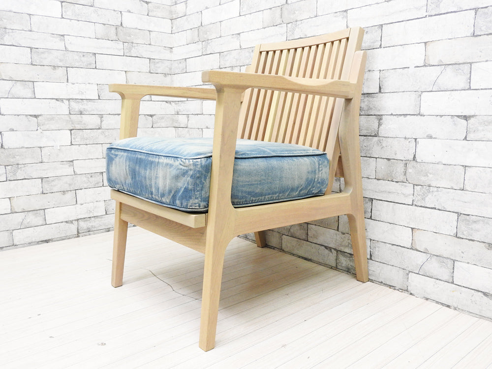 ダブルティー WTW アームチェア APERTO CHAIR NT アペルト ラウンジチェア ソファ アッシュ材 デニム地 西海岸 ウエストコースト 定価74,800円  中古品 買い取りしました。