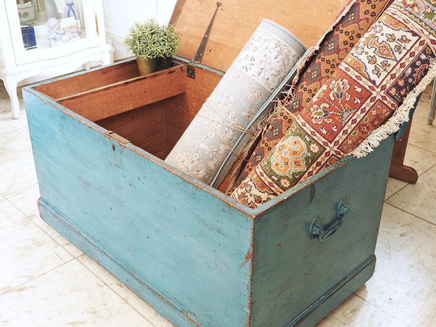 ビンテージ Vintage 木製 ブランケットボックス ウッドボックス ベンチ 収納 ペインテッド ターコイズブルー Lloyd's Antiques取扱 ～ビンテージの「色」～