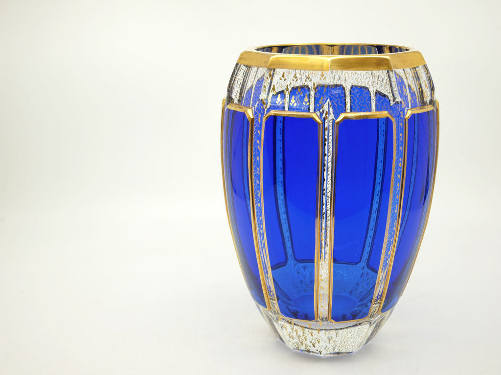 ボヘミア BOHEMIA フラワーベース 花瓶 パネルガラス H19.5 金彩 コバルト ハンドペイント 箱付 中古品 買い取りしました。