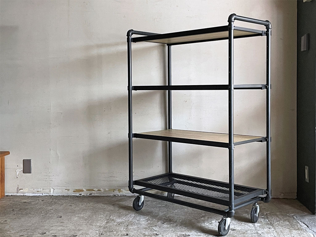 インダストリアル デザイン industrial design キャスターシェルフ オープンラック W94.5cm スチール 木製化粧棚板 店舗什器 中古品 買い取りしました。