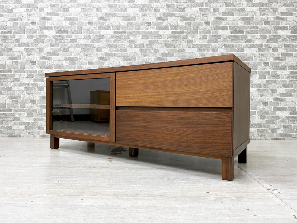 無印良品 MUJI ウォールナット材 AVラック AVボード テレビ台 ガラス扉 フラップ扉 抽斗2杯 W110cm 廃番 中古品 買い取りしました。