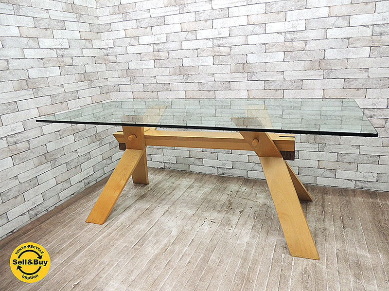 ブロス イタリア BROSS Italia ピアナ PIANA ダイニングテーブル ガラス天板 木組X脚 Xレッグ IDC大塚取り扱い W180cm ～ 金具の無い木組み構造のクラフト感漂うモダンデザインファニチャー！ ～ 【 買取と販売とレンタルのお店 】