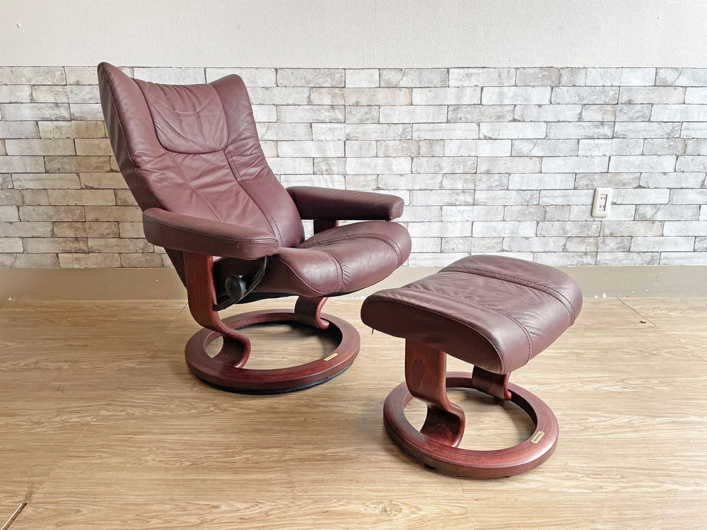 エコーネス EKORNES ストレスレスチェア stressless ウィング Wing リクライニングチェア & オットマン 2点セット ボルドー レザー ノルウェー 北欧 中古品  買い取りしました。