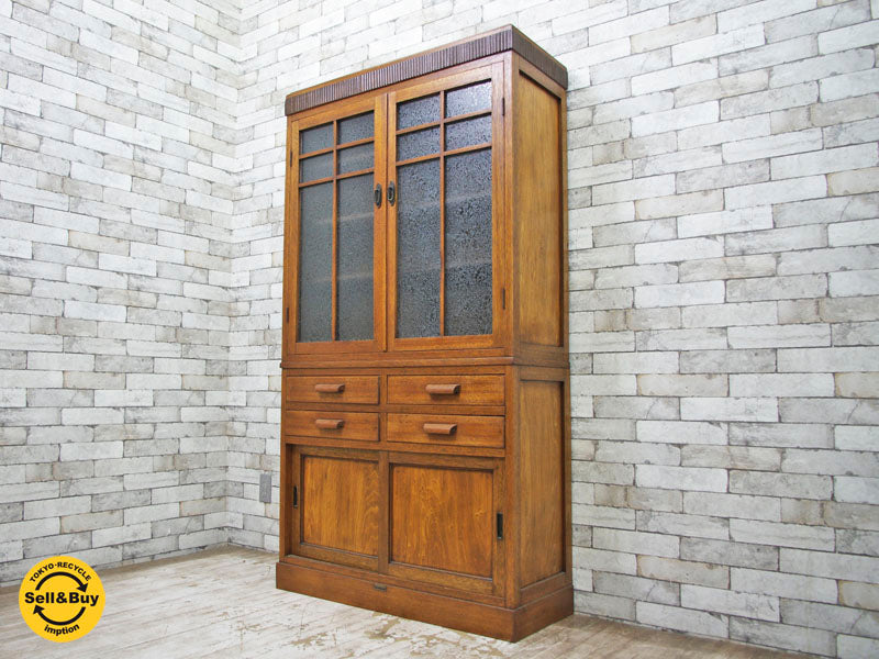 ジャパンビンテージ キャビネット 食器棚 結霜ガラス 書棚 昭和レトロ 和モダン　中古品 買い取りしました。祖師谷大蔵店 出張買取もお任せ下さい。