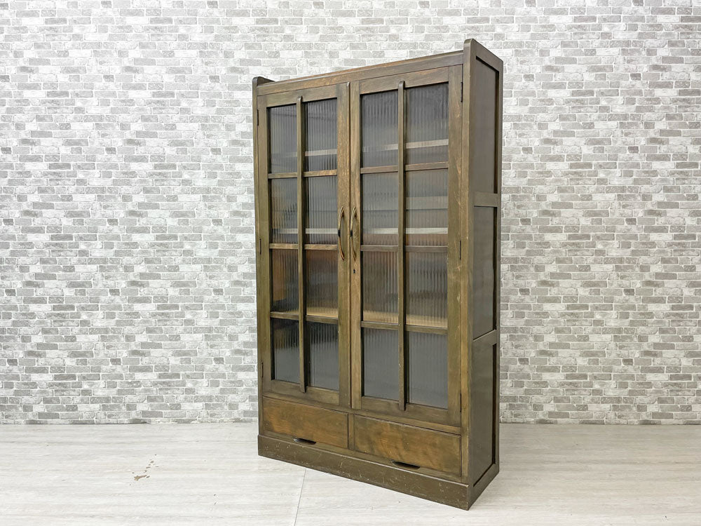 ジャパンビンテージ Japan vintage モールガラス キャビネット 食器棚 本棚 抽斗2杯 昭和レトロ 木味 古家具 W88cm 棚板高さ調整可 買い取りしました。