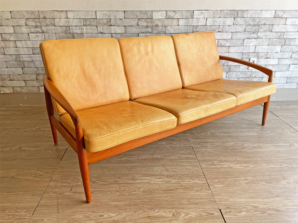宮崎椅子製作所 ペーパーナイフソファ Paper Knife Sofa 3P 3人掛けソファ チークフレーム レザー イエロー系 カイ・クリスチャンセン 定価50万円以上 中古品  買い取りしました。