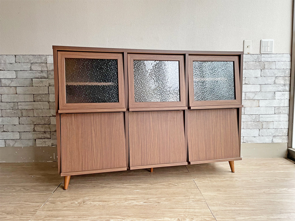 ビーカンパニー B-Company キャビネット サイドボード ブックシェルフ フラップ扉 ガラス ブラックウォールナットプリント化粧板 カフェスタイル 中古品  買い取りしました。