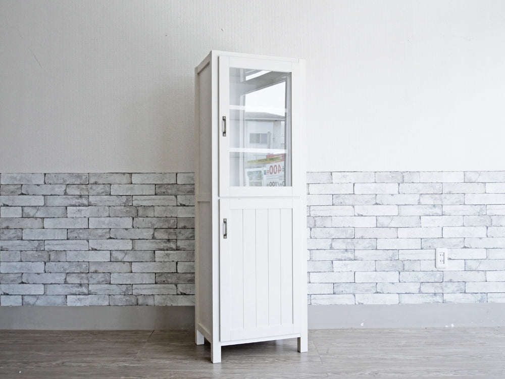 モモナチュラル Momo Natural シエルライン CIELE LINE ツードア 2 DOOR スリムガラスキャビネット 食器棚 飾り棚 パイン材 ホワイト 定価￥46,750-  中古品  買い取りしました。