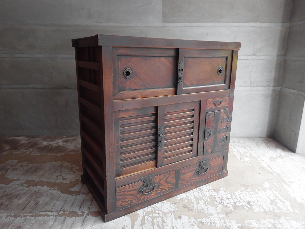 ジャパンビンテージ Japan vintage 帳場箪笥 和箪笥 チェスト 3段 引き戸 抽斗5杯 ヒノキ 明治～大正 日本家具  ～その場所の「顔」となる箪笥～