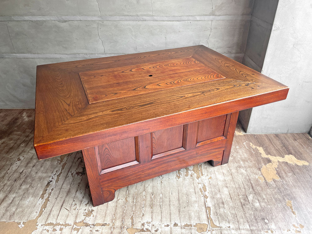 松本民芸家具 A型洋炉卓 囲炉裏 火鉢 ダイニングテーブル 欅材 W121cm 民藝 和家具 定価￥643,500-  中古品 買い取りしました。