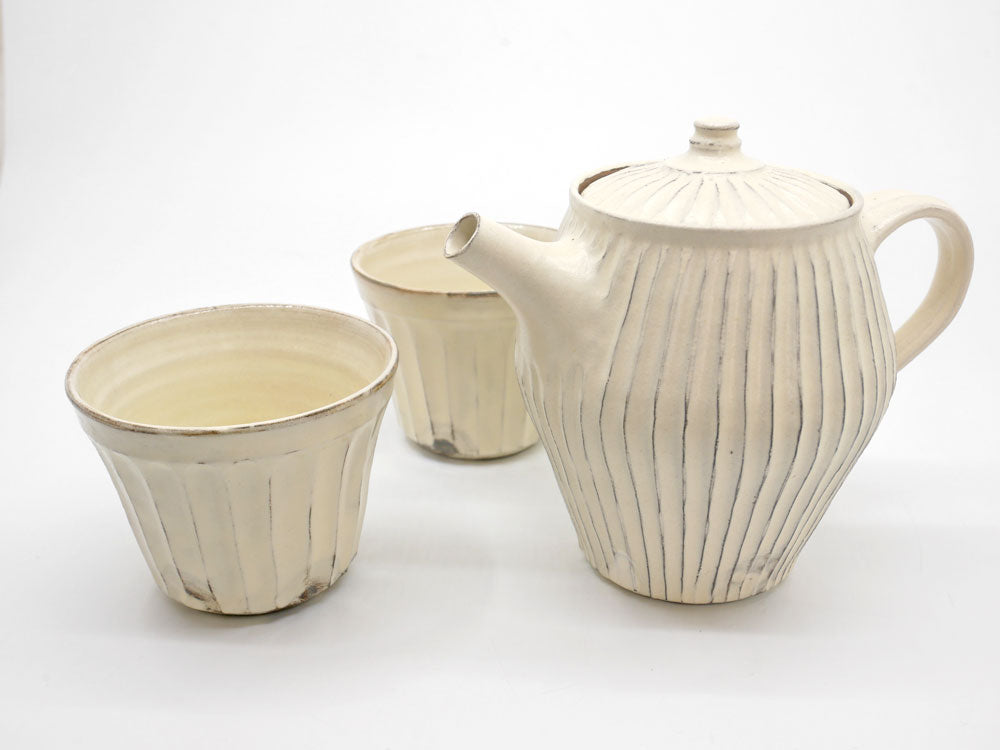後藤義国 Yoshikuni Goto 鎬 しのぎ ポット & カップ 2点セット 粉引 陶器 益子 現代作家  中古品 買い取りしました。