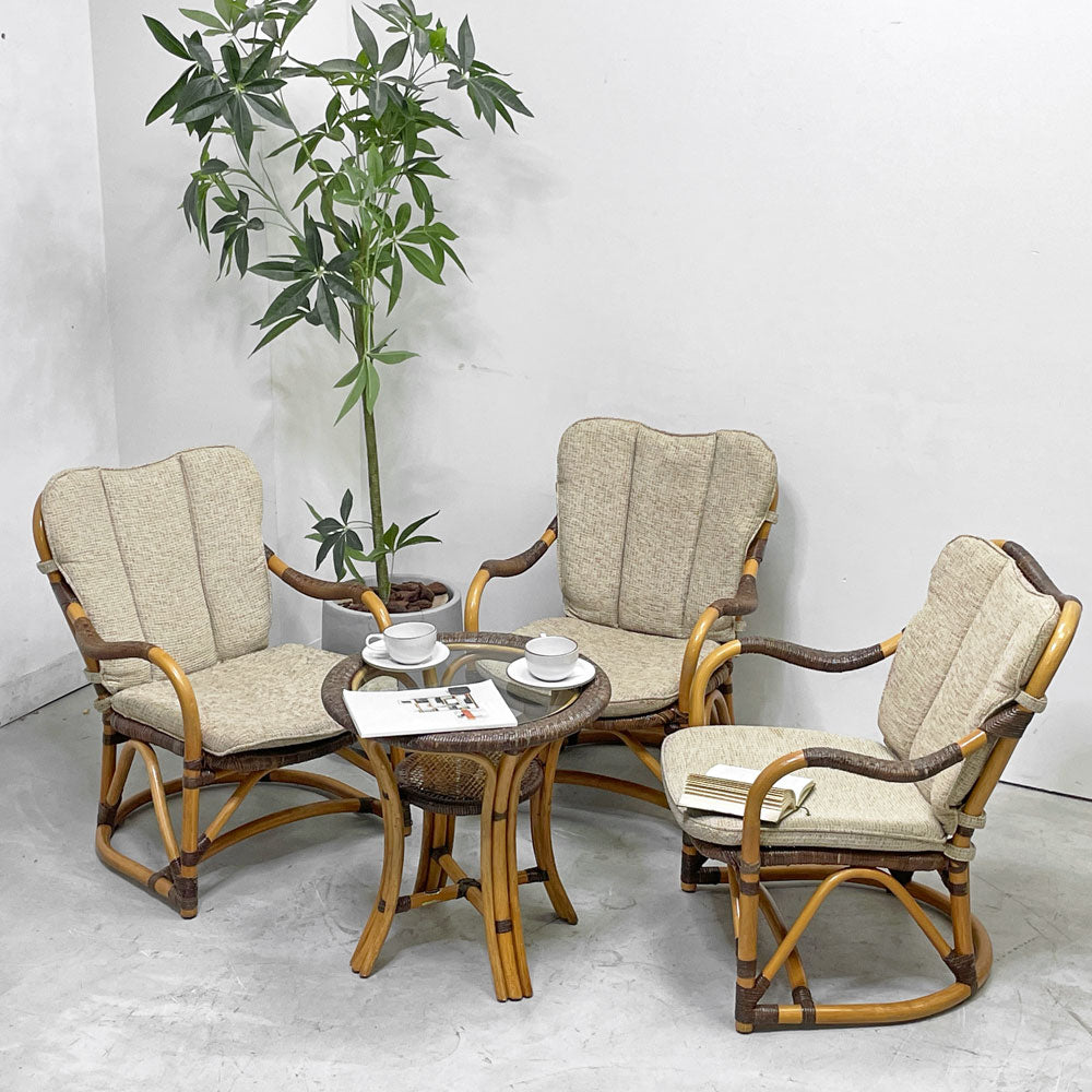 【祖師ヶ谷大蔵店】カザマ KAZAMA ルロット アームチェア Lurot Arm Chair ラタン 籐家具 ベージュ系 クッション付き インドネシア 定価￥48,800- 買取させていただきました。