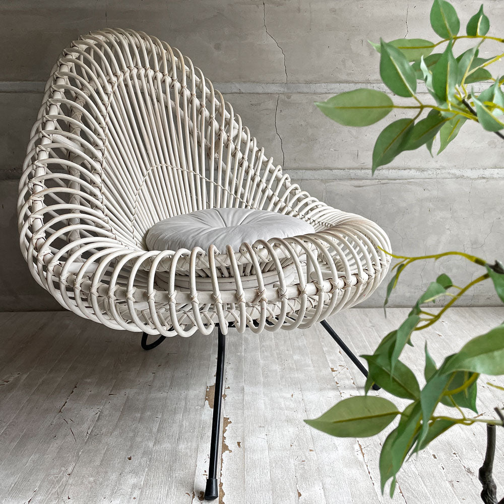 ルージェ Rougier ラタンxスチール ラウンジチェア イージーチェア ジャニーヌ・アブラハム Janine Abraham ディルク・ジャン・ロル Dirk Jan Rol クッション付 フランスビンテージ ミッドセンチュリー 希少～洗練された迫力～