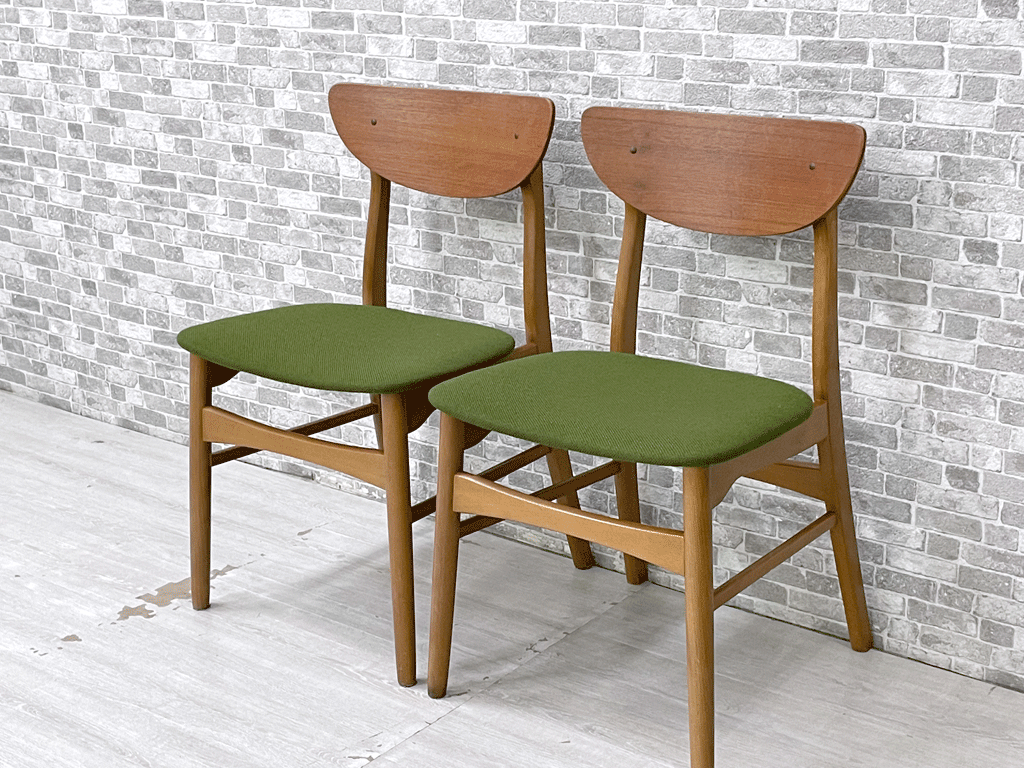 デンマークビンテージ Danish Vintage チーク材×ビーチ材 ダイニングチェア ファブリック グリーン NC生地新品張替済 北欧家具 2脚 買い取りしました。