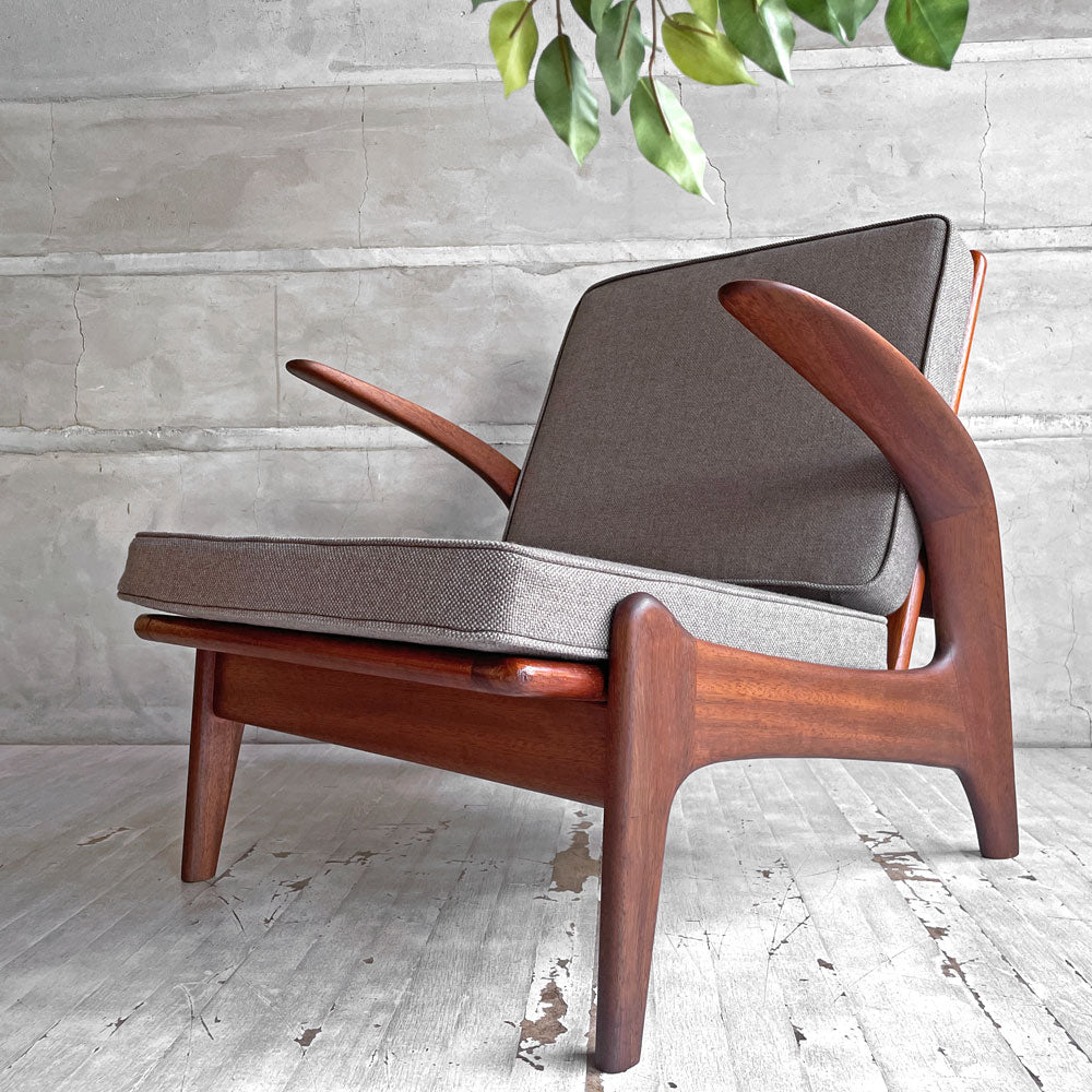 ギムソン＆スレーター Gimson & Slater ローバックラウンジチェア 1Pソファ チーク無垢材 ワイヤースプリング UKビンテージ ファブリック・クッション交換済み～ぽってり、むっちり、贅沢な削り出し～