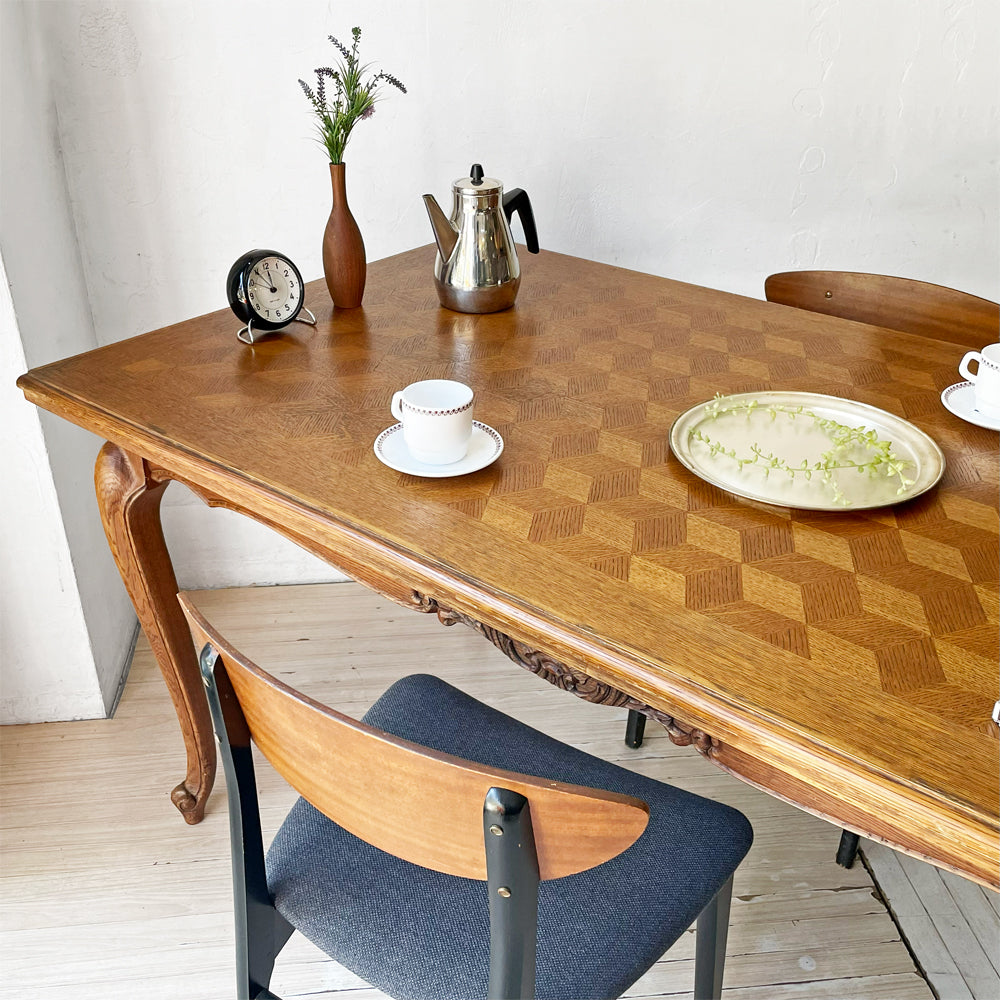 フランスビンテージ french vintage オーク材 パーケットトップ ドローリーフテーブル ダイニングテーブル 伸長式 エクステンション ～優雅な空間を演出するフランスビンテージ