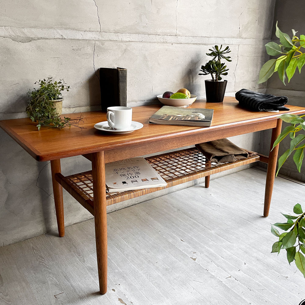 北欧ビンテージ Scandinavian vintage チーク材 × オーク材 センターテーブル コーヒーテーブル ローテーブル ラタンマガジンラック付き 北欧家具 ～ 異素材の使い方 ～