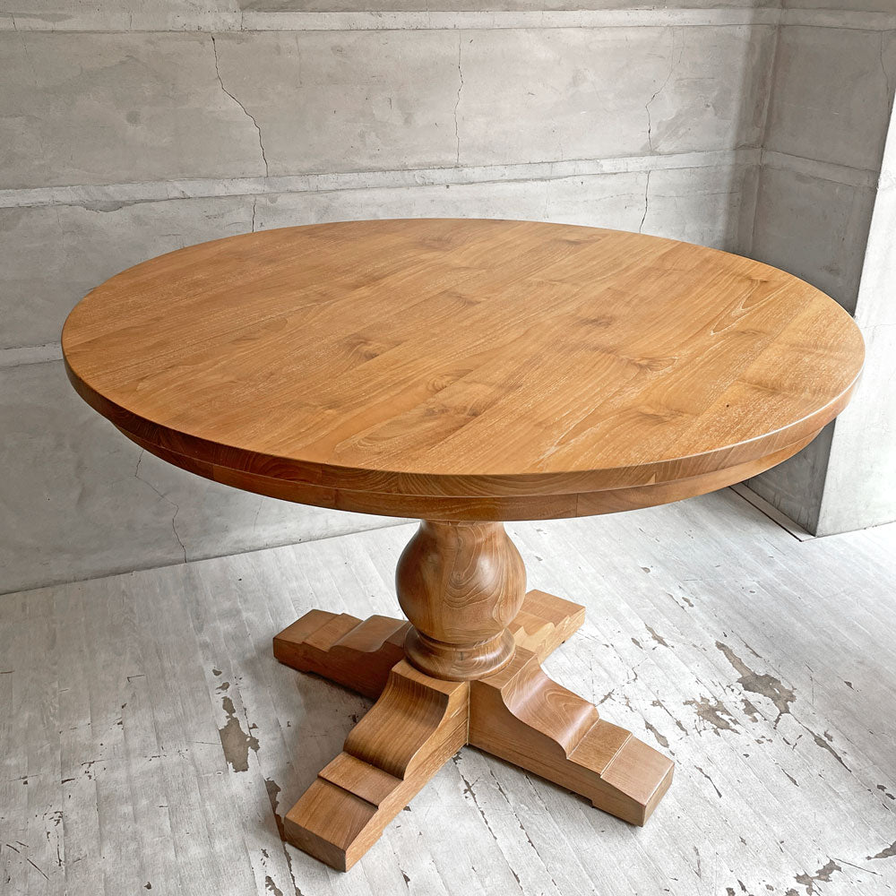 【学芸大学店】オールドメゾン old maison チーク無垢集成材 ラウンド ダイニングテーブル Φ109cm バルボスレッグ クラシカル 買取させていただきました。