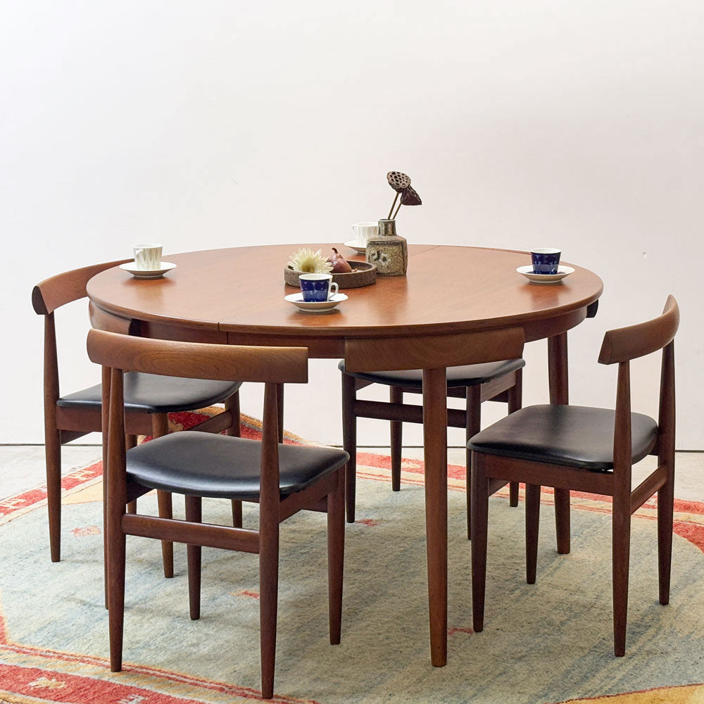 フレムロジェ Frem Rojle ディネッテ Dinette エクステンション ラウンド ダイニングテーブル & ダイニングチェア 4本脚×4脚 計5点セット ハンス・オルセン Hans Olsen 北欧家具 ビンテージ ～重なる輪舞～