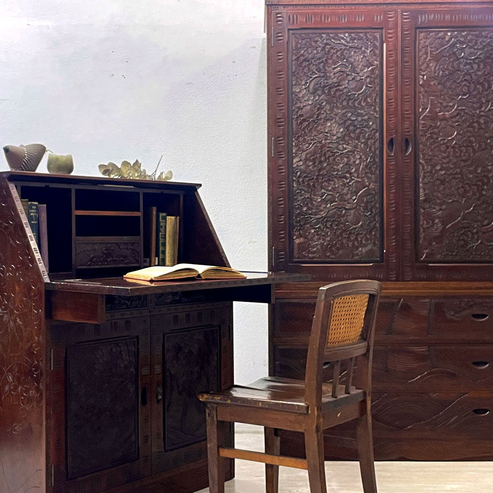 伝統工芸 軽井沢彫 ライティングビューロー 2ドロワー＆キャビネット 3抽斗 チェスト 和タンス  桜彫刻 星打ち 細密彫刻 民芸家具 和家具 ～世界に注目される長野県の伝統工芸品～