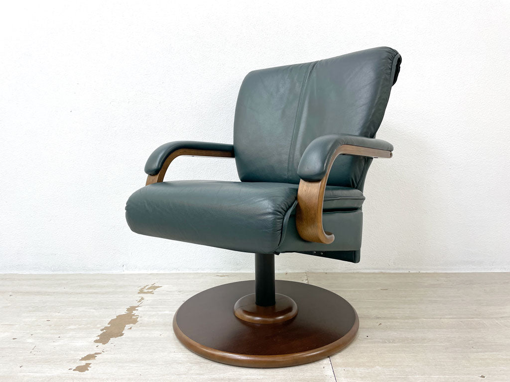 冨士ファニチア FUJI FURNITURE 回転式 アームチェア ラウンジチェア ダイニングチェア 1人掛けソファ プライウッド ソフトレザー グリーン系 中古品 買い取りしました。