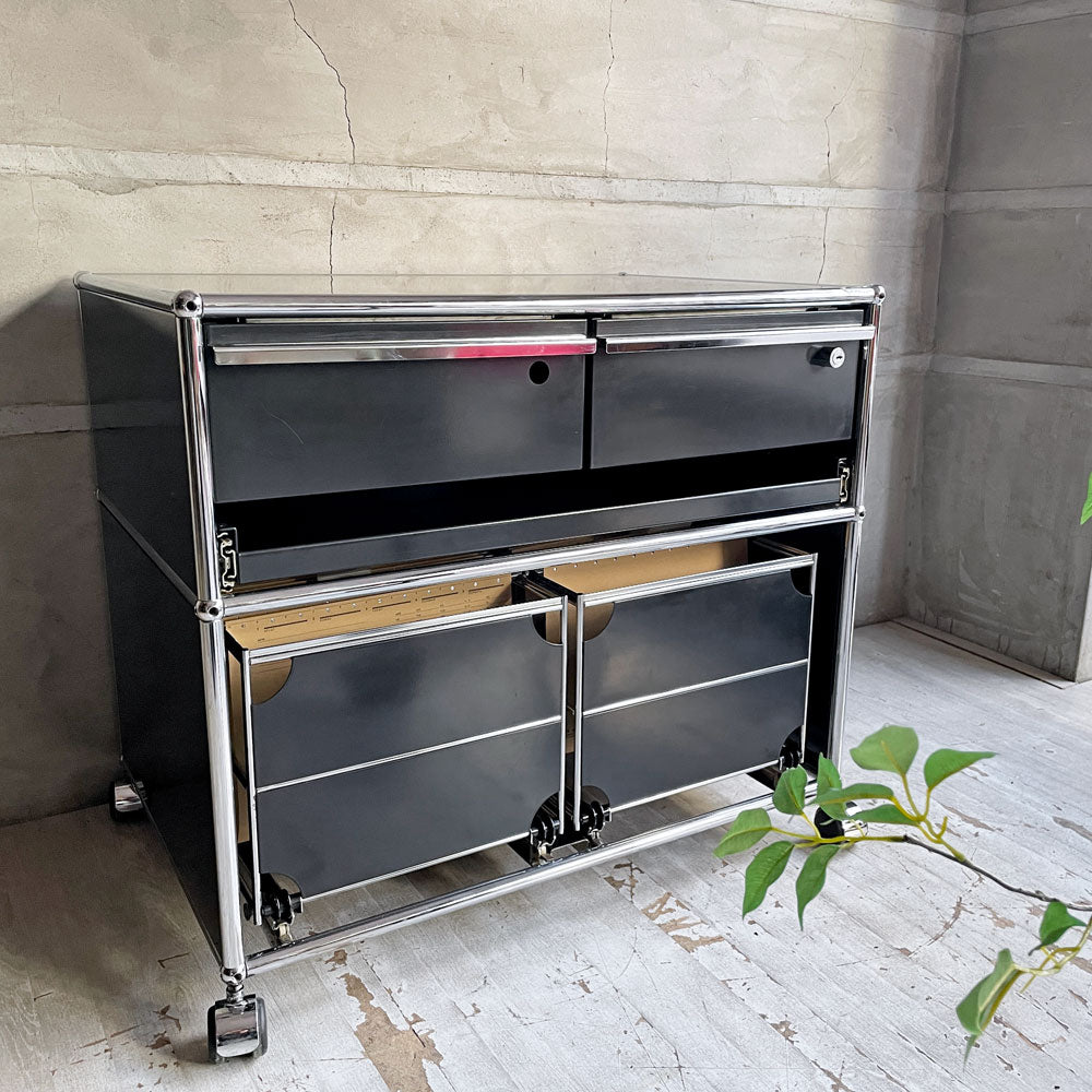 ユーエスエムハラー USMハラー USM Haller モジュラーファニチャー キャビネット シェルフ ワゴン ブラック 1列2段 2ドロワー＋エクステンションシェルフ＋2ファイリングフレーム キャスター付 スイス～この収納力まるでイケメン生徒会長～